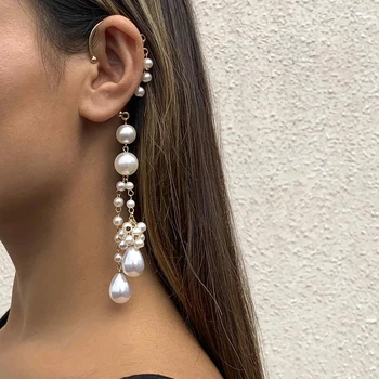 1 BUC-coreean Perle Ciucure Lung Cercei Fete Nici Ureche Piercing-ul Plin de Perle de Mare Clip Pe Cercei Pentru Femei Partid de Bijuterii Cadou