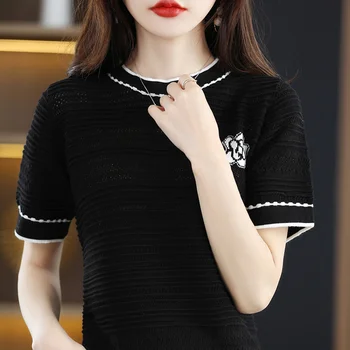 100% Lână Pură 2023 Noi Femei pe Scurt cu Mâneci O-Gât Pulover Tricotate Moda coreeană Moale Tricou Subțire cu Mânecă Scurtă, Bluză