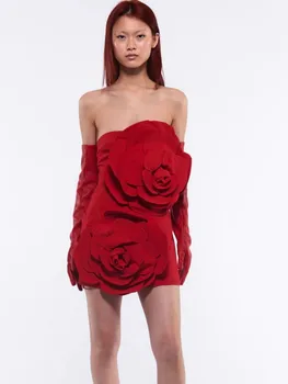 2023 Femei Celebritate Sexy Strapless Volane 3D Flori Roșii Midi Bodycon Bandaj Rochie de Seara de Performanță Etapă Rochie Vestido