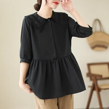 2023 New Sosire Stil Japonez Mozaic Dantelă Guler Marinar Liber Bluza De Vara Tricouri Pentru Femei De Moda Casual Bluza