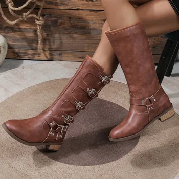 2023 Pantofi de Iarna pentru Femei Slip-on pentru Femei la Jumătatea Vițel Cizme cu Toc Pătrat Centura Cataramă Pantofi pentru Femei de Moda Doamnelor Plus Dimensiune Cizme
