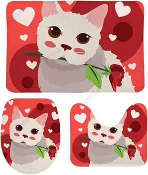 3 Bucată Roșie Amuzant de Desene animate Drăguț Pisica a Crescut în Gura Baie Combinație Non-Alunecare Mat în Formă de U Contur Covor O Toaletă în Formă de Capac