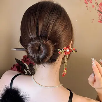 Canaf din Lemn Stick de Păr Clasice Floare Roșie Hanfu Ac de păr de Păr Bastoane pentru Chifle de Păr Bețigașele pentru Femei