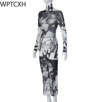 Catwalk Rochie MeshPrint Guler Maneca Lunga Sexy Vedea Prin Slim Rochie Midi 2024 Moda de Vara Y2K Streetwear Haine de Petrecere
