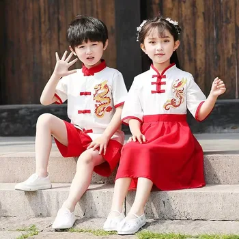 Copiii De Vara Noi Broderie Dragon Hanfu Fată Și Băiat Chinez Stil Vintage Butonul Qipao Rochie De Performanță Joc De Rol Fusta