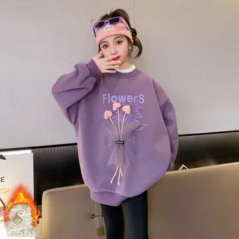Coreean Toamna Iarna Junior Fete Îngroșa Plus Catifea Tricou Copil Fată 3D Buchet Topuri cu Maneci Lungi Fata de Scoala Tricouri Sport