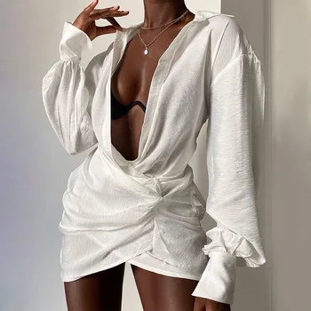 Cu Mâneci lungi Buttonless Cămașă Albă Sexy Picant Fată la Modă și Confortabil Adânc V-cutat Nou Rochie Lenjerie