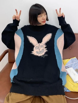 Culoare blocarea iepure gât rotund pulover pentru femei în toamna și iarna 2023 nou liber bf copii distractiv China-Chic vintage tricot