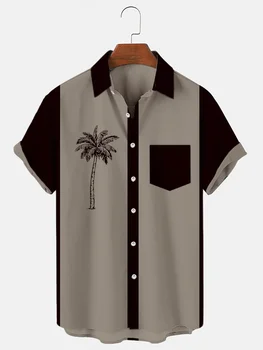 De Înaltă Calitate Bărbați Cămașă Palmieri Imprimate Casual Cu Maneci Scurte Tee Topuri Culori Contrastante Cardigan Supradimensionat Rever Tricouri Om