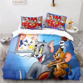 Desene animate drăguț Pisica Tom și Jerry Mouse-ul 3D de Imprimare Set de lenjerie de Pat Queen King Size Carpetă Acopere Set Capac Plapuma fata de Perna Set Home Textile