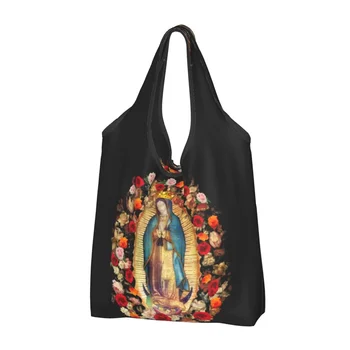 Drăguț Fecioarei De Guadalupe Mexican Fecioara Maria Cumpărături Tote Pungi Portabil Mexic Catolică Saint Alimentar Cumparator Geantă De Umăr