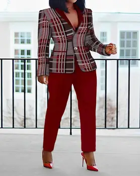 Elegant Remorcare Bucata Set Pentru Femei Costum 2023 Print Carouri Maneca Lunga Guler Șal Blazer Coat & Munca De Moda Set De Pantaloni De Toamna Ti Se Potriveste
