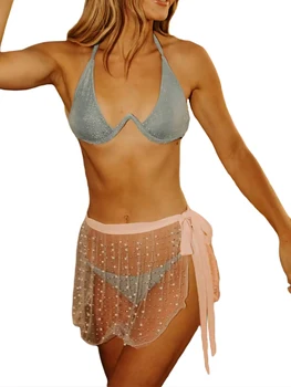 Femei Bikini Sarongs Pearl Stras Decor Vedea Prin Costume De Baie Acoperă-Up-Uri De Femei Beach Sarong Cover-Up Beachwear Fuste