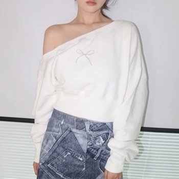 Femei de moda Jachete Supradimensionate de Pe Umăr Maneca Lunga Stras Bow Model Pulover Crop Topuri Streetwear Y2k