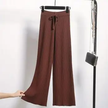 Femeile Largi picior Pantaloni Tricot Elastic Talie Înaltă Decora Pantaloni cu dungi Largi Picior Streetwear Femei Toamna Iarna Solid de Culoare Largi