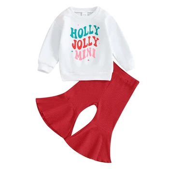 Fete Pentru Copii De Craciun Tinuta Holly Print Cu Maneci Lungi Tricou Cu Dungi Pantaloni Evazati Pantaloni Set Toamna Iarna Haine