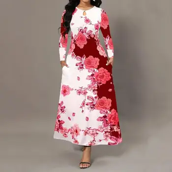 Floare de Imprimare Rochie pentru Femei Rochie Flower Print Maxi Dress O-linie Vrac Tiv Maneca Lunga, stransa pe Talie Gol de Potrivire de Culoare pentru Balul de absolvire