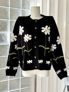 Harajuku Nou Design Pentru Femei Pulover Negru O-Gât Pulover De Toamna Iarna Florale Boem Cardigan Cu Maneca Lunga Moale Moda Jumper