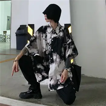 HOUZHOU Gotic Negru Punk Femei Cămașă Bluză Cravată Nouă Vopsea coreean Supradimensionat Maneci Scurte Vrac Top Haine Casual Stil Harajuku
