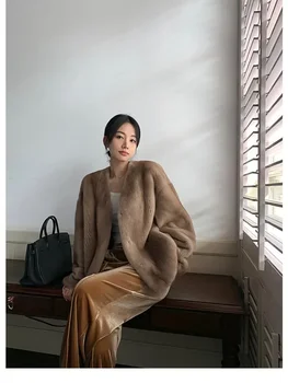 Iarna femei Faux Blana Haina de Moda coreeană Y2K Nurca Blană pentru Femei la Modă V-neck Imitatie Nurca Sacou de Catifea 2023 Stil Nou