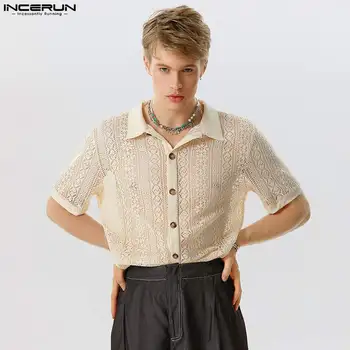 INCERUN 2023 Barbati Tricou Plasă de Dantelă Solid Transparent Rever Maneca Scurta Butonul de Bărbați Îmbrăcăminte de Streetwear Vara Sexy Camisas 5XL