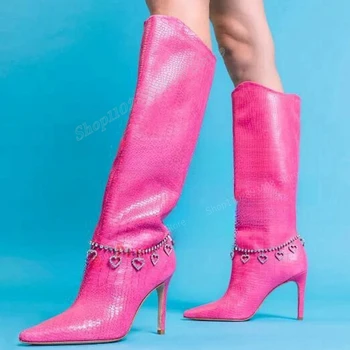 Inima Roz În Formă De Lanț De Cristal Cizme Genunchi Ridicat Snakeprint A Subliniat Toe Stilet Toc Înalt Pantofi Femei 2023 Zapatos Para Mujere