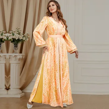 Marocan Rochie Caftan 2 Bucata Abaya Set Seara Halat De Imprimare Full Sleeve V-Neck Islamic Caftan Musulman Ramadan Seturi De Îmbrăcăminte