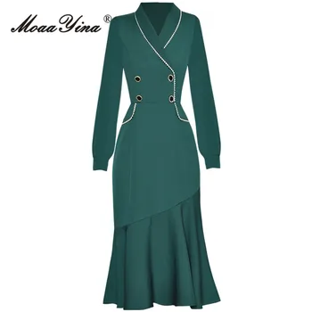 MoaaYina Toamna Designer de Moda de culoare Verde Închis Vintage Rochie de Sirenă Femei Rever ștrasuri din Mărgele Pachetul Fese Volane Slim Rochie Lunga