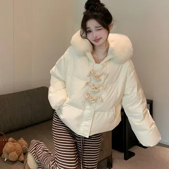 Moda coreeană Guler de Blana cu Gluga din Bumbac Jachete Casual Alb Jos Haina de Iarna Femei Y2K Butonul Corn Cald Sacou Captusit Îmbrăcăminte exterioară