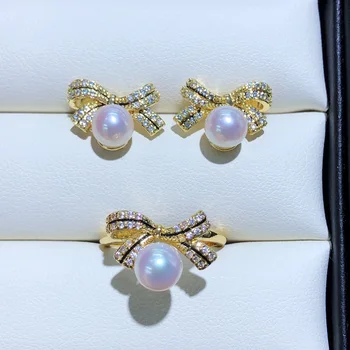 New Sosire Moda Pearl Set de Bijuterii Naturale de apă Dulce Pearl Bowknot Design Aur de 14K Cercei Auri Inel Pentru Femei Cadouri