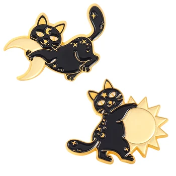 Pisica Neagra Email Ace Îmbrățișează Soarele, Luna Animale Drăguț Broșe Pentru Femei Insigne Pe Rucsac Din Denim Ace De Rever Bijuterii Cadou