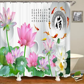 Rezistent la apa de baie perdea de duș flori de lotus decor floral de imprimare decorațiuni interioare perdea cu cârlig 240x180cm cortina