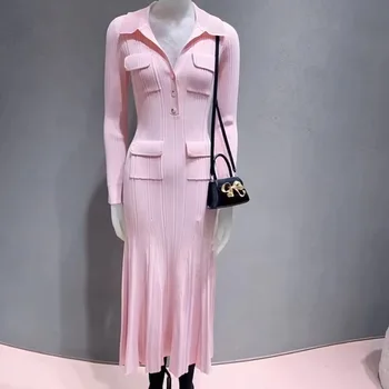 Rochie de femei 2024 Primăvara Devreme Nou Roz guler de Turn-down Folie de Hip Elegantă Robă Lungă