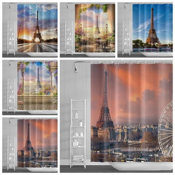 Romantic Turnul Eiffel Perdea De Duș De Flori Apus De Soare Clădiri Ale Orașului Urbanism Art Decor Acasă Rezistent La Apa De Baie Perdele Tesatura