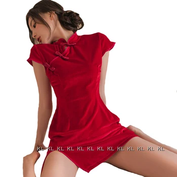 Roșu Chinez Qipao Rochie Eleganta Din Catifea Rochie Femei, Cu Maneci Scurte Cheongsam Chineză Sexy Bodycon Mini Rochii Vintage Lenjerie Intima