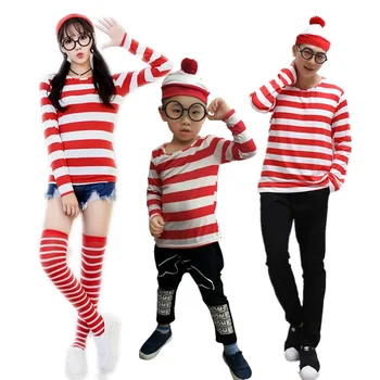 S-XXL Părinte-Copil Desene animate Unde e Wally Waldo Costum Waldo Carte Săptămână Cosplay Costum Stripe Shirt Pălărie, Ochelari de Kit