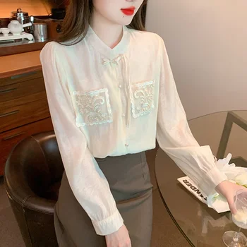 Satin Brodat pentru Femei Cămăși de Mătase Stil Chinezesc Bluze O-Gât Doamnelor Îmbrăcăminte Subțire, Plină de MODA de Epocă Topuri YCMYUNYAN