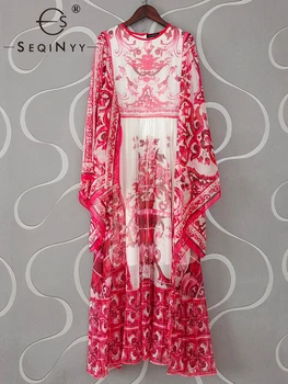 SEQINYY Elegant Rochie Lunga de Vara de Primăvară Nou Design de Moda Femei Pista High Street Vintage Red Flower Print Flare Sleeve