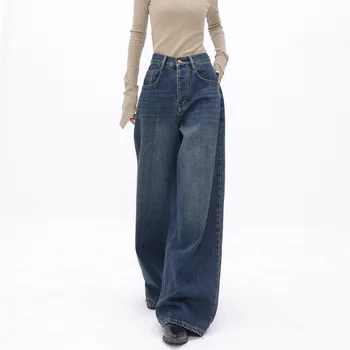 Talie mare Supradimensionate American Vintage High Pantaloni Pentru Femei Casual Largi Y2K Largi Picior Grunge Streetwear Albastru Denim Pantaloni