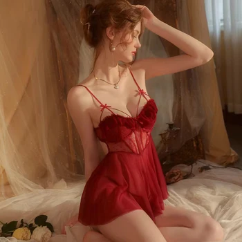 TOMOE GOZEN Transparent Rochie de Noapte Femei Pijamale Satin V Adânc fara Spate Dantela Cu Cheat Pad Cămăși de noapte Lenjerie Sexy cămășuță de Noapte
