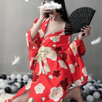 Tradițional Japonez Stil Kimono Pentru Femei Fata Lenjerie Sexy Rosie Cu Print Floral Pijamale Yukata Han Fu Din Asia De Îmbrăcăminte