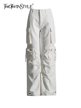 TWOTWINSTYLE Solid Mozaic Buzunare Casual Pantaloni Largi Pentru Femei Talie Mare Stil Safari Picior Drept Cargo Pant de sex Feminin 2023