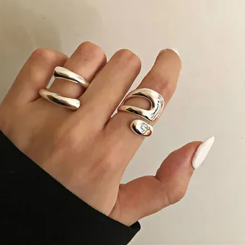 VAGZEB 2024 Noua Moda de Culoare Argintiu Metal Minimalist Lucios Larg Deschisă Inele Geometrice Inele pentru Femei, Bărbați Bijuterii Cadouri
