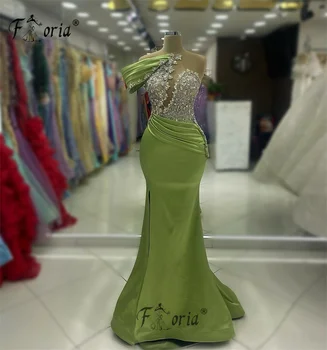 Verde De Satin Rochie De Bal Cristal Sirenă Fără Mâneci Fantă De Seara Rochii De Partid Arabă Celebritate Rochii Personalizate Elegante Haine