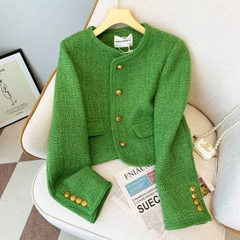 Verde Trunchiate Tweed Sacou Femei De Epocă Estetice Coreeană De Moda Harajuku Chic Elegante, Jachete De Toamna Iarna Cardigan Strat