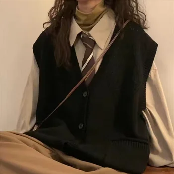 Vesta Femei Colegiu Japoneze Vintage Vrac Negru de Tricotat Simplu Studenți la Modă Toamna Elegant All-meci Haine de petrecere a timpului Liber