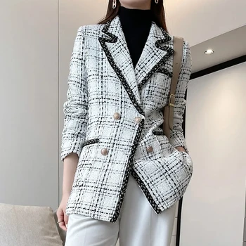 Vintage Elegant Dublu Rânduri Sacou Femei Nou 2024Autumn de Iarna cu Maneca Lunga Birou Haină de Tweed în Carouri Mozaic Blazer Y2k