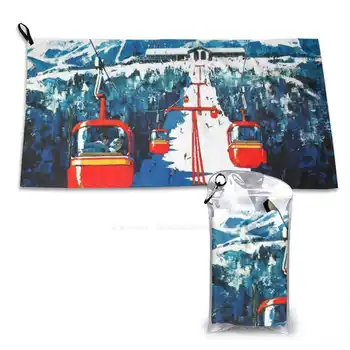 Vintage Gondola Călătorie De Iarna Schi Poster Prosoape De Baie Iute Uscat Duș Prosop De Gondola Lift De Schi Epocă Ad Munți Albastru
