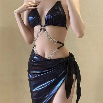 Wisuwore2023 nou Europa și Statele Unite, curea de gat bikini costume de baie sexy strălucitoare fierbinte de cristal de aur cu diamante pentru femei costum de baie