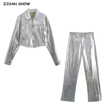 ZJOAN SHOW-2023 American Retro Rever două Buzunare Faux din Piele de Metal de Argint Jacheta Mijlocul Talie Pantaloni Drepte Rece Îmbrăcăminte exterioară